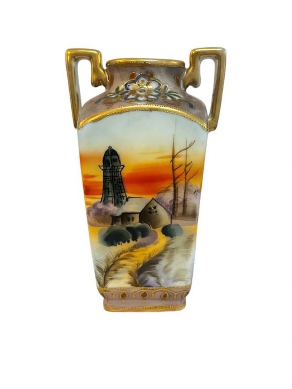 Antique Nippon Porcelain Vase Sunset Cottage Scene Gilt Double Handle Meiji 6